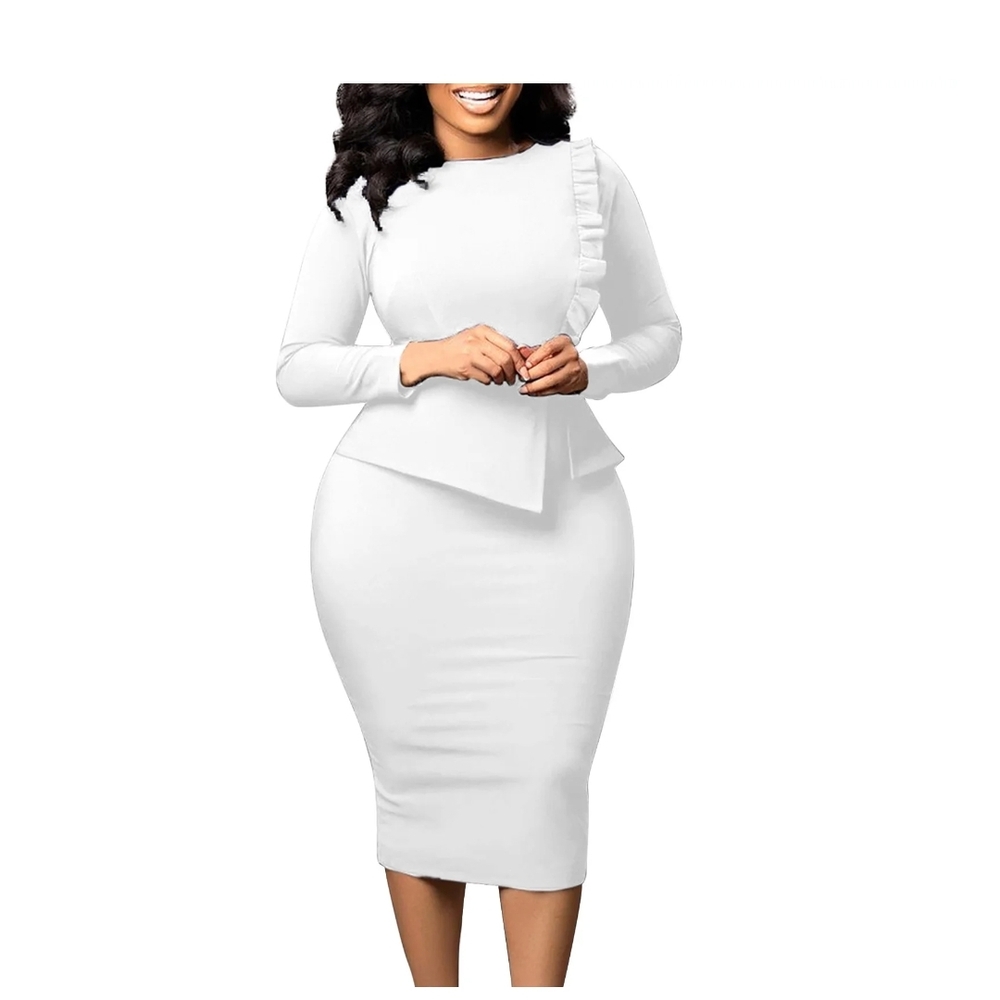 White Peplum Long Sleeve Sheath Dress